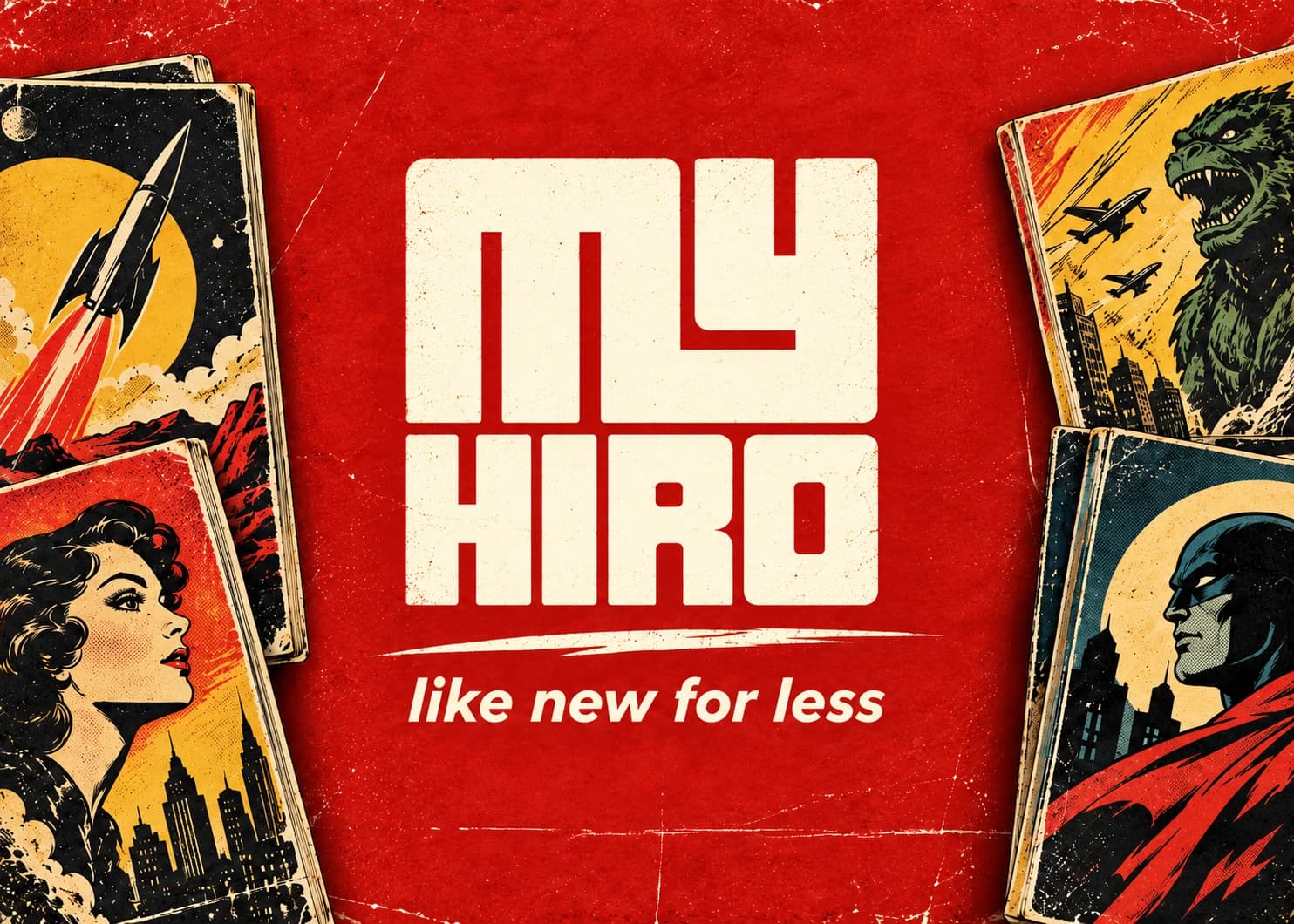 My Hiro logo framed by vintage comic book covers